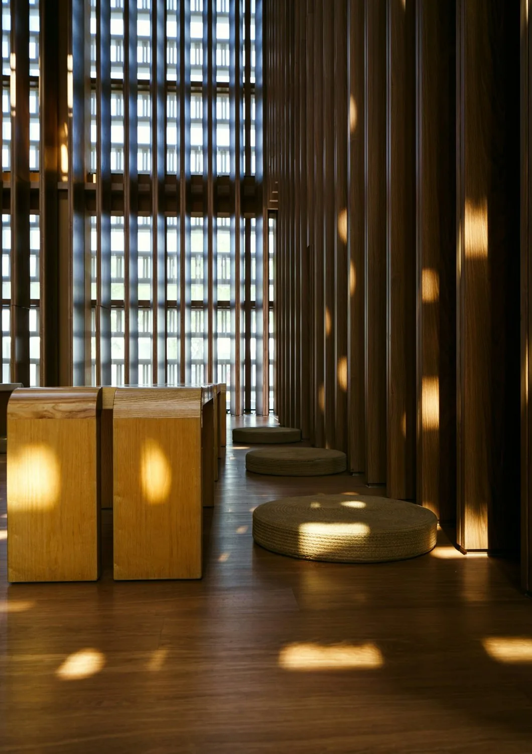 A wood-lined room set up with bolsters and blocks