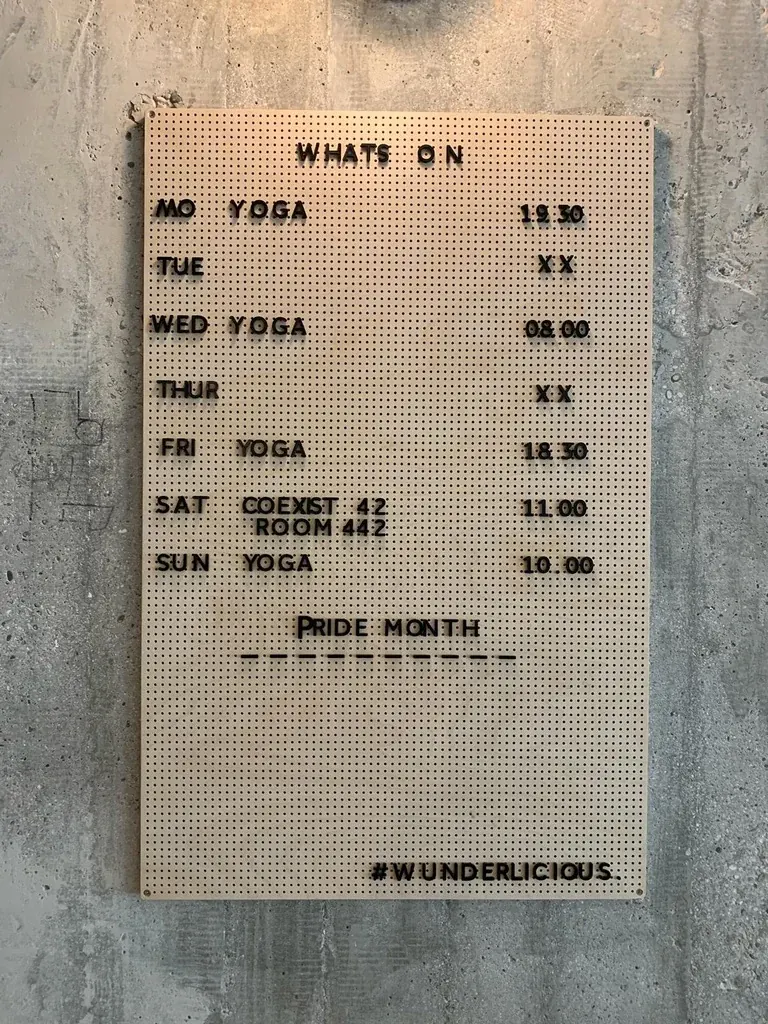The weekly schedule board at the WunderLocke, with yoga on five days